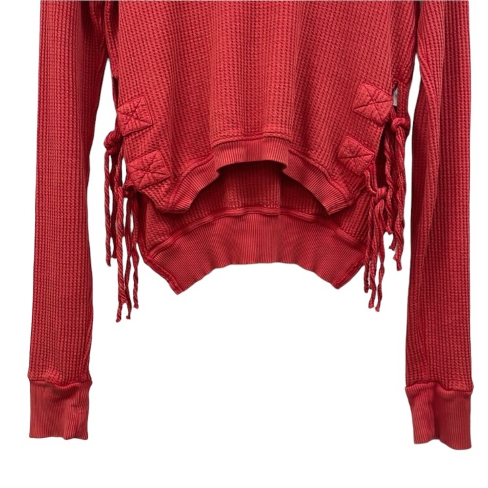 Free People One interlaken thermal waffle knit long sleeve side tie red top, XS - Picture 5 of 10